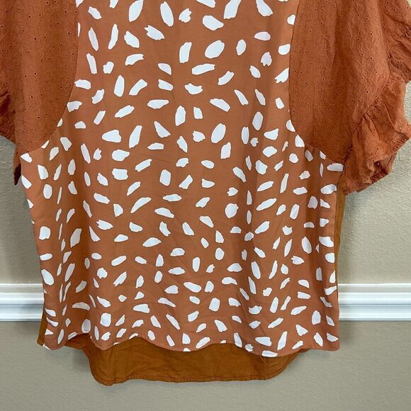 Umgee Linen Blend Top S Orange Flutter Sleeve Eyelet Mixed Media Animal Print R3 - Picture 9 of 12